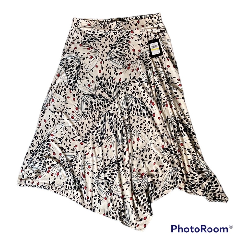 DKNY Stone Floral Butterfly Asymmetric-Hem Midi Skirt Beige Black Red NWT - Picture 4 of 14